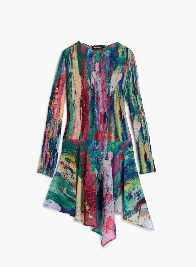 DESIGUAL multicolor abstract print Ruched Asymmetrical Dress for Women | Best Price UAE